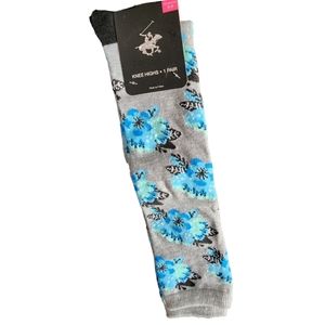 Knee High Socks Beverly Hills Polo Club Blue Flowers Gray Size 5-9